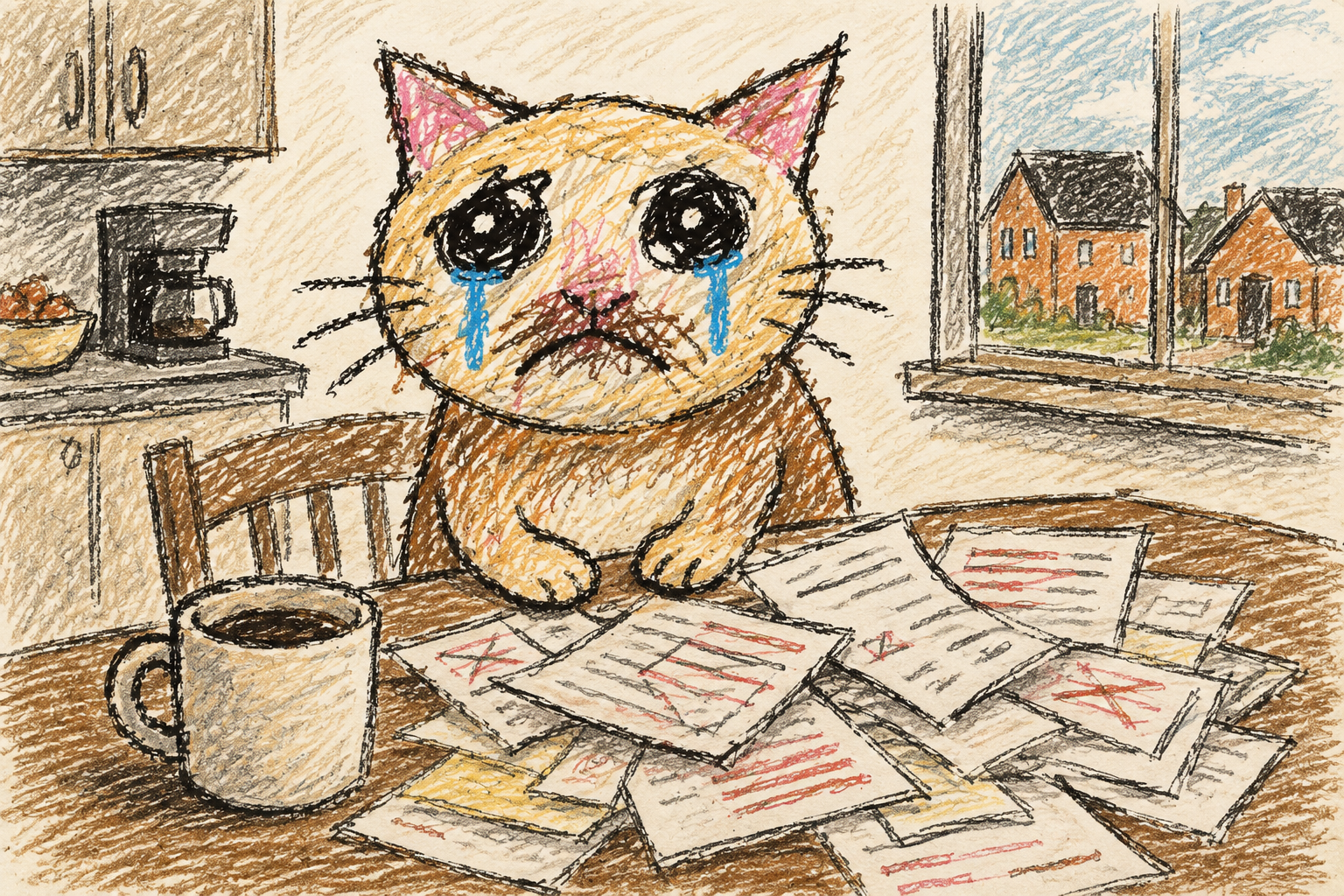 Doodle Cash Cat at a kitchen table with bills and cold coffee, drawn in crayon